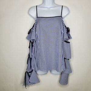 Free Generation Womens Blue Gingham Tie Open Sleeve Top Size M Romantic Summer